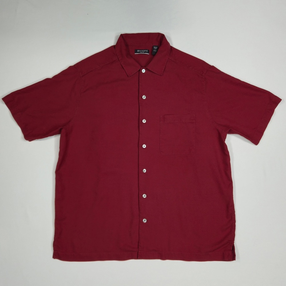 Brandini Men Pure Silk Short Sleeve Button Up‎ Shirt Large Burgundy Red